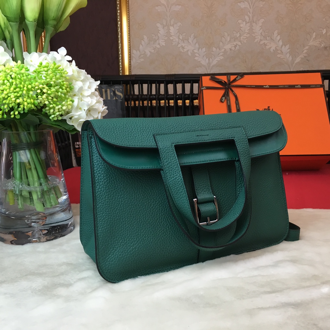 Hermes Halzan 31 Handbag Shoulder Bag In Dark Green Clemence Leather